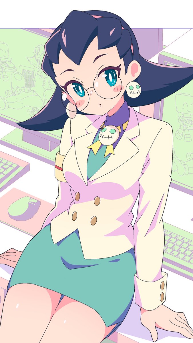 1girl armband blue_eyes blush buttoned_cuffs buttons commentary earrings glasses highres jewelry mega_man_(series) mega_man_legends_(series) mouse_(computer) office_lady robot round_eyewear shirt skull_earrings solo the_misadventures_of_tron_bonne tron_bonne tron_bonne_(mega_man) white_shirt yodok