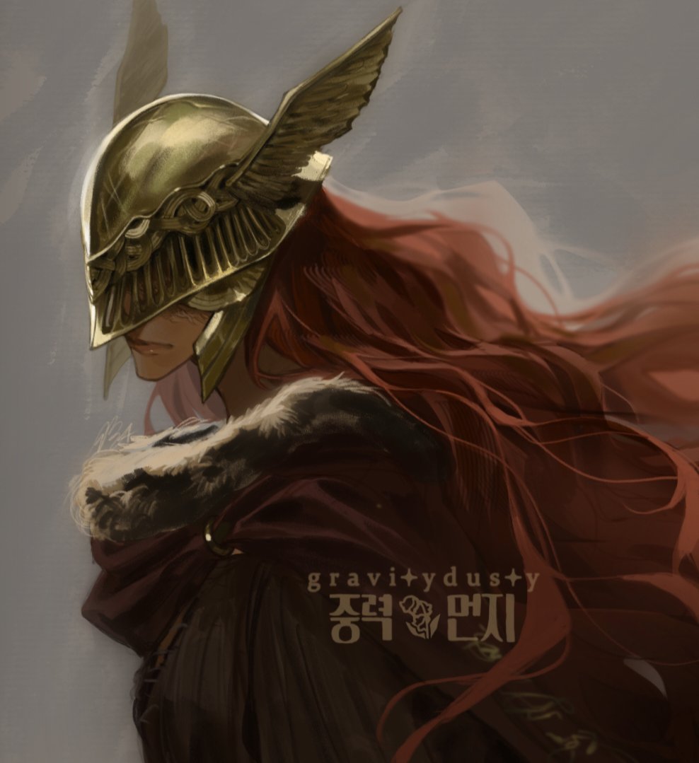 1girl artist_name brown_background cape commentary covered_eyes elden_ring english_commentary expressionless facing_viewer from_side fur-trimmed_cape fur_trim gravitydusty helmet helmet_over_eyes long_hair malenia_blade_of_miquella red_cape redhead scar scar_on_face simple_background solo upper_body watermark winged_helmet