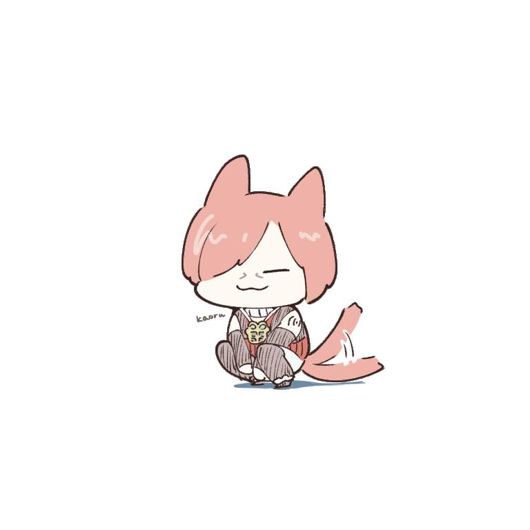 1boy :3 animal_ears blush_stickers cat_boy cat_ears cat_tail chibi closed_eyes closed_mouth english_text final_fantasy final_fantasy_xiv full_body g'raha_tia kinmoku_sei3 motion_lines red_shirt redhead shirt simple_background smile solo squatting tail tail_wagging white_background