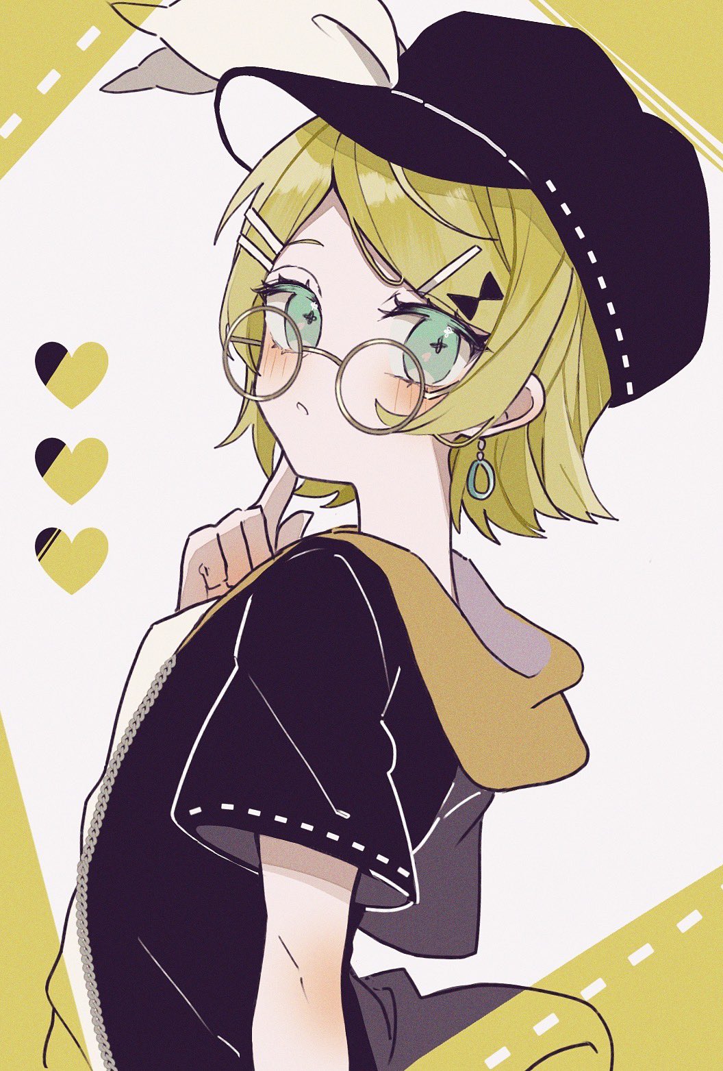 1girl alternate_costume aqua_eyes arched_back black_footwear black_hoodie blonde_hair blush bow cabbie_hat cross-shaped_pupils earrings finger_to_own_chin flat_chest from_side glasses hair_ornament hairclip hat hat_bow heart highres hood hoodie jewelry kagamine_rin looking_at_viewer maca1227 parted_lips round_eyewear shirt short_hair short_sleeves sideways_glance skinny solo symbol-shaped_pupils turning_head vocaloid white_bow white_shirt yellow_hood