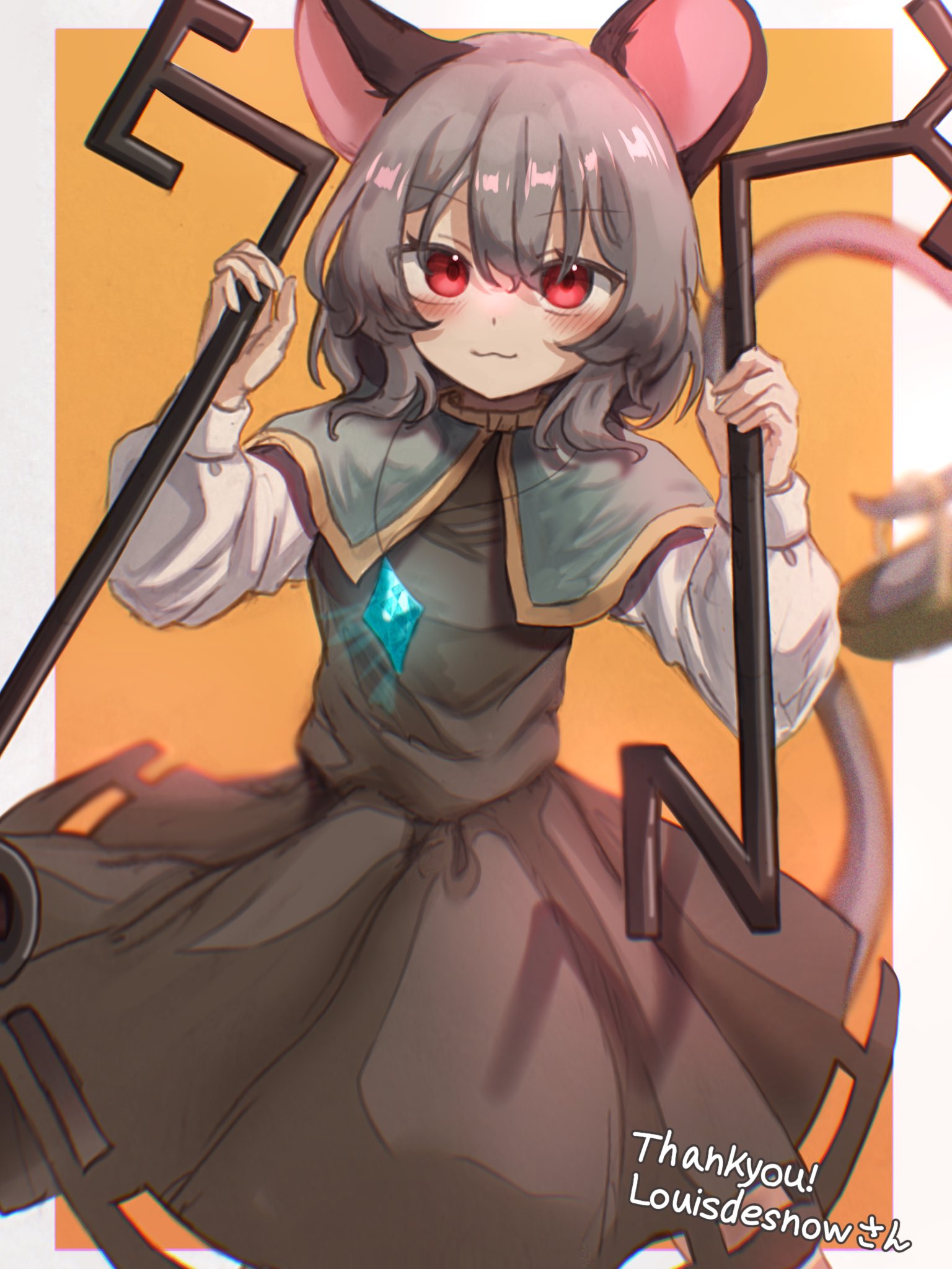 1girl animal_ears black_dress blue_capelet border capelet commission dress english_text grey_hair highres karasu2020_8 looking_at_viewer mouse_ears mouse_girl nazrin orange_background red_eyes skeb_commission smile solo touhou white_border