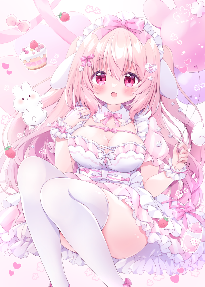1girl :d animal_ears balloon breasts cake chiika_(cure_cherish) convenient_leg cowboy_shot dress food large_breasts light_brown_hair open_mouth original rabbit rabbit_ears red_eyes smile solo thigh-highs two_side_up white_dress white_thighhighs