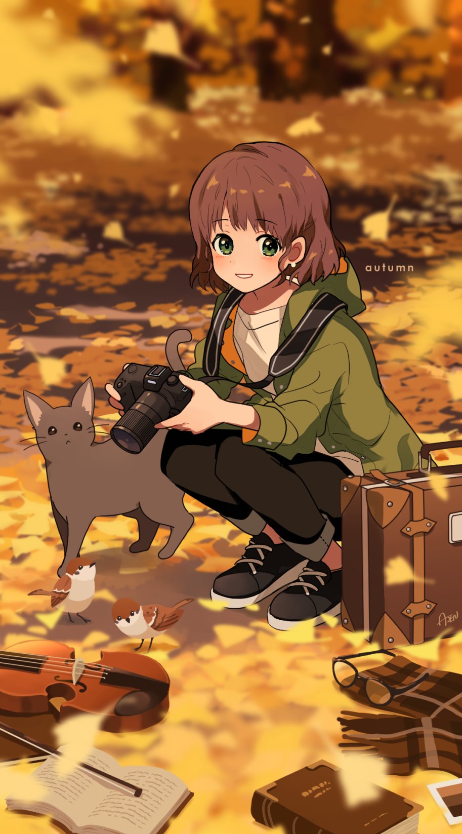 1girl animal arisa_(aren) bird black-framed_eyewear black_eyes black_footwear black_pants blurry blurry_background blush book bow_(music) brown_bird brown_hair camera cat commentary_request dot_nose full_body glasses green_eyes green_jacket grey_cat grin highres holding holding_camera hood hood_down hooded_jacket instrument jacket leaf long_sleeves looking_at_viewer medium_hair open_book orange_jacket orange_theme original pants shirt shoes short_hair signature smile sneakers solo squatting strap suitcase t-shirt two-sided_fabric two-sided_jacket unworn_eyewear violin white_shirt wind