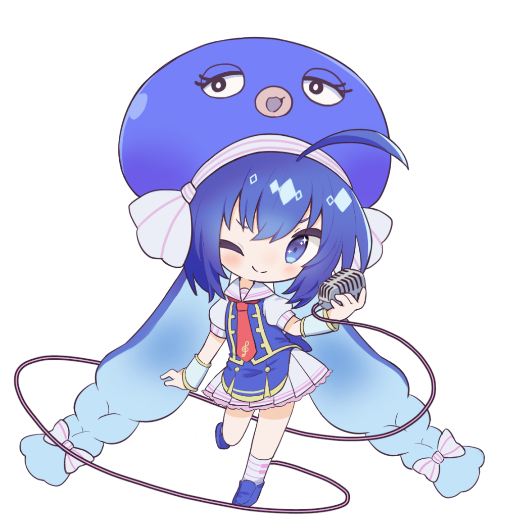 1girl 7takada ;) absurdly_long_hair ahoge arm_warmers blue_eyes blue_footwear blue_hair blue_theme blue_vest blush bow braid cable chibi colored_inner_hair eel_hat full_body hair_bow hand_up hat holding holding_microphone long_hair low-braided_long_hair microphone miniskirt multicolored_hair necktie one_eye_closed otomachi_una otomachi_una_(sugar) pleated_skirt print_necktie print_socks puffy_short_sleeves puffy_sleeves red_necktie short_sleeves sidelocks simple_background skirt smile socks solo standing standing_on_one_leg treble_clef twin_braids twintails very_long_hair vest vocaloid white_background white_bow white_skirt white_socks