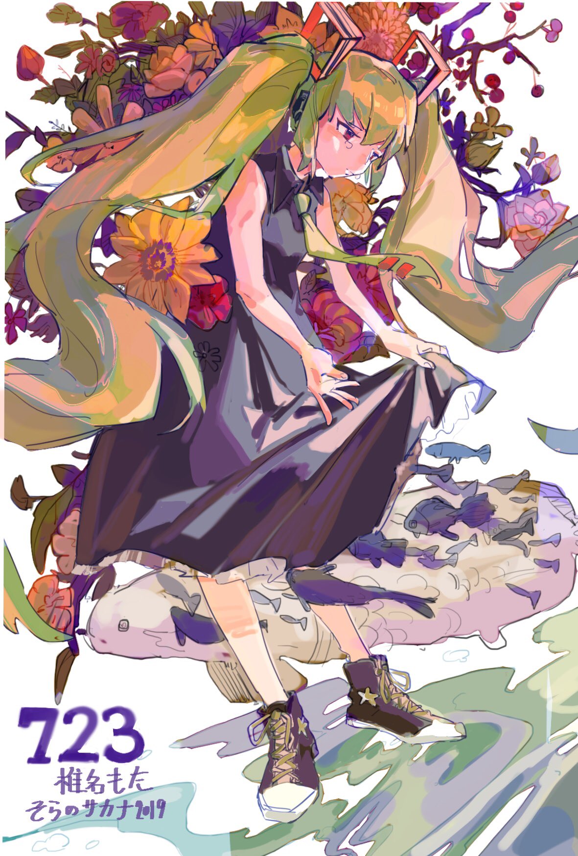 1girl bare_arms black_dress black_footwear bud carnation closed_mouth collared_dress dress earphones expressionless fingernails fish floral_background flower flying_fish frilled_dress frills full_body green_hair green_necktie hair_ornament hatsune_miku highres long_hair medium_dress necktie pink_carnation pink_flower red_eyes red_flower red_rose rose shoes simple_background skirt_hold sleeveless sleeveless_dress sneakers solo sunflower tearing_up translation_request twintails very_long_hair vocaloid wavy_hair white_background y_daoz yellow_flower