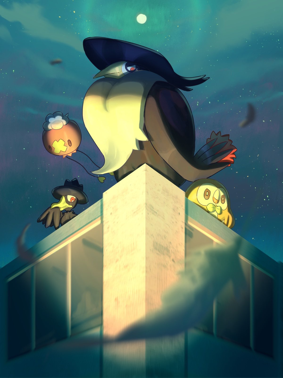 bird blurry blurry_foreground building closed_mouth commentary_request drifloon falling_feathers from_below highres honchkrow looking_down mokukitusui moon murkrow night outdoors pokemon pokemon_(creature) rowlet sky