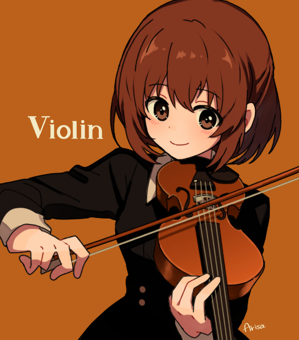 1girl arisa_(aren) artist_name black_dress black_eyes blush bow_(music) brown_eyes brown_hair closed_mouth collared_dress dress eyes_visible_through_hair holding holding_bow_(music) holding_instrument holding_violin instrument long_sleeves looking_at_object music orange_background original playing_instrument short_hair signature simple_background smile solo upper_body violin