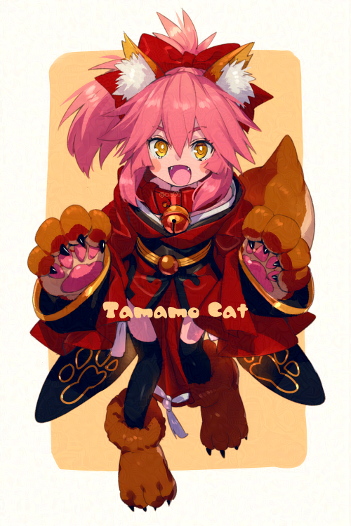 1girl aged_down animal_ear_fluff animal_ears animal_hands bell black_thighhighs blush_stickers character_name commentary_request echo_(circa) fangs fate/grand_order fate_(series) fox_ears fox_girl fox_tail gloves hair_ribbon japanese_clothes kimono long_hair neck_bell open_mouth paw_gloves paw_shoes pink_hair red_kimono red_ribbon ribbon smile solo tail tamamo_(fate) tamamo_cat_(fate) thigh-highs tongue twitter_username yellow_eyes