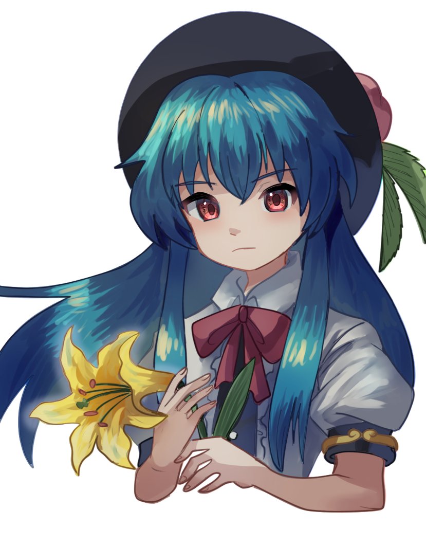 1girl :| black_headwear blue_hair bow bowtie center_frills closed_mouth collared_shirt commentary cropped_torso english_commentary fedora flower frills hat hinanawi_tenshi holding holding_flower long_hair peach_hat_ornament plus2sf puffy_short_sleeves puffy_sleeves red_bow red_bowtie red_eyes shirt short_sleeves sidelocks simple_background solo touhou white_background white_shirt yellow_flower