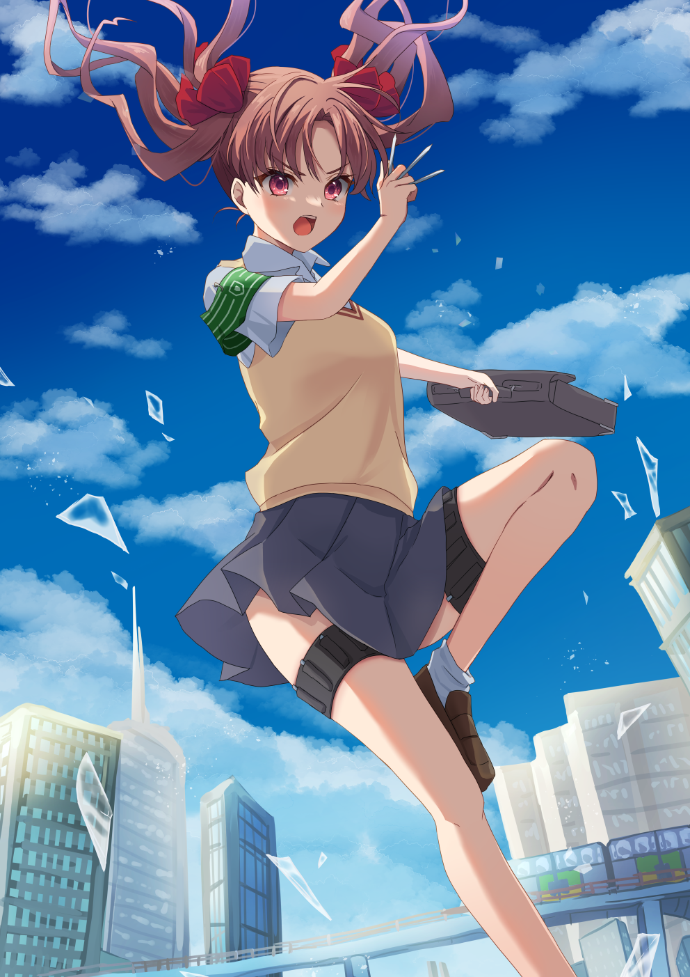 1girl angry bag black_skirt blue_sky blush bow breasts broken_glass brown_sweater_vest collared_shirt commentary_request day fighting_stance floating_hair foot_out_of_frame glass hair_bow hand_up highres holding holding_bag kisara_keyy knee_up looking_at_viewer medium_hair miniskirt open_mouth outdoors parted_bangs pleated_skirt red_bow red_eyes school_bag school_uniform serious shirai_kuroko shirt short_sleeves skirt sky small_breasts solo standing standing_on_one_leg sweater_vest teeth thigh_strap toaru_kagaku_no_railgun toaru_majutsu_no_index tokiwadai_school_uniform twintails upper_teeth_only v-shaped_eyebrows white_shirt