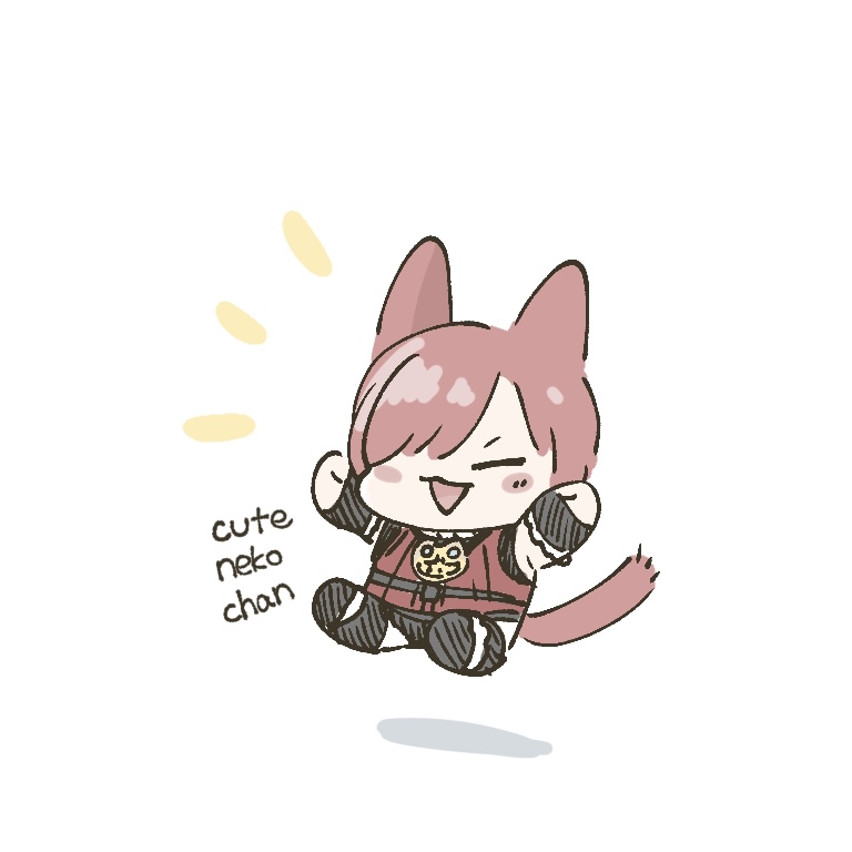 1boy animal_ears blush_stickers cat_boy cat_ears cat_tail chibi closed_eyes english_text final_fantasy final_fantasy_xiv full_body g'raha_tia jumping kinmoku_sei3 open_mouth red_shirt redhead shirt simple_background smile solo tail triangle_mouth white_background