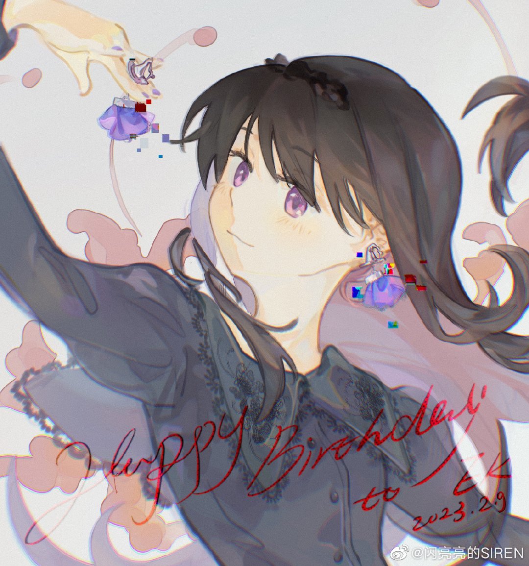 1girl akemi_homura akemi_homura_(black_dress) black_dress black_hair black_hairband black_sleeves buttons chinese_commentary closed_mouth collared_dress commentary_request dated dress earrings floating_hair floral_background flower flower_earrings frilled_hairband frills glitch hairband happy_birthday holding_earrings jewelry juliet_sleeves lace-trimmed_collar lace_trim light_blush long_hair long_sleeves looking_at_object mahou_shoujo_madoka_magica mahou_shoujo_madoka_magica_(anime) nail_polish outstretched_arm petals puffy_sleeves purple_nails red_spider_lily rose_petals simple_background siren_(jzy601306223) smile solo spider_lily upper_body very_long_hair watermark weibo_logo weibo_username white_background