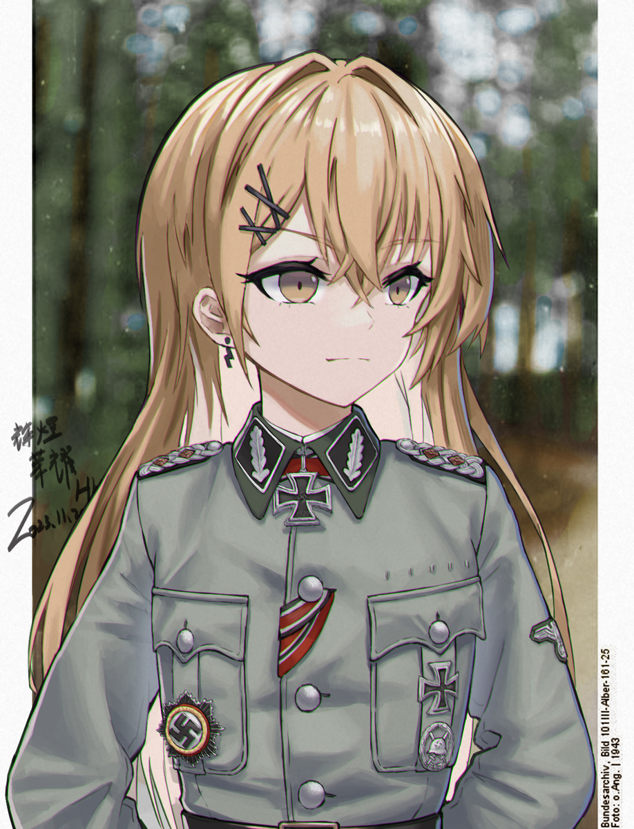 1girl blonde_hair blurry closed_mouth cross depth_of_field forest girls_frontline grey_jacket hair_ornament highres huihuang_rongyao iron_cross jacket long_hair long_sleeves military_uniform nature ppk_(girls'_frontline) solo swastika uniform wehrmacht yellow_eyes