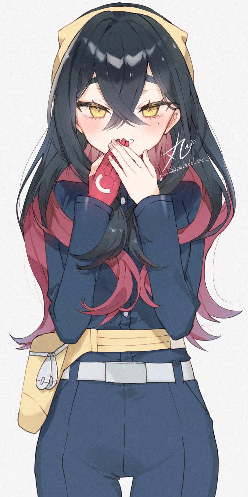 1girl artist_name belt belt_pouch black_hair blue_jacket blue_pants blueberry_academy_school_uniform carmine_(pokemon) chibirisu colored_inner_hair crossed_bangs fanny_pack gloves hand_to_own_mouth hands_up headband highres jacket long_hair long_sleeves looking_at_viewer mole mole_under_eye multicolored_hair pants pokemon pokemon_sv pouch redhead school_uniform single_glove smile solo twitter_username two-tone_hair yellow_eyes yellow_headband