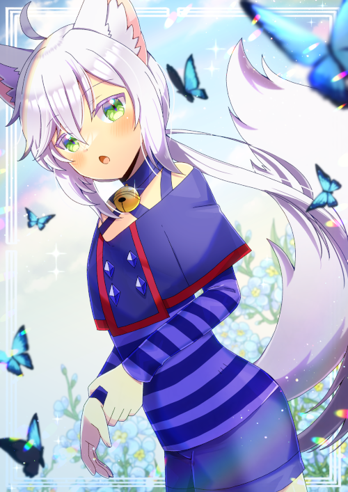 1girl :o ahoge animal animal_ear_fluff animal_ears bell blue_capelet blue_shorts blurry blurry_background blush bug butterfly capelet colored_eyelashes commentary_request commission depth_of_field green_eyes grey_hair hair_between_eyes jingle_bell kou_hiyoyo looking_at_viewer neck_bell open_mouth original shirt shorts skeb_commission solo striped_clothes striped_shirt tail