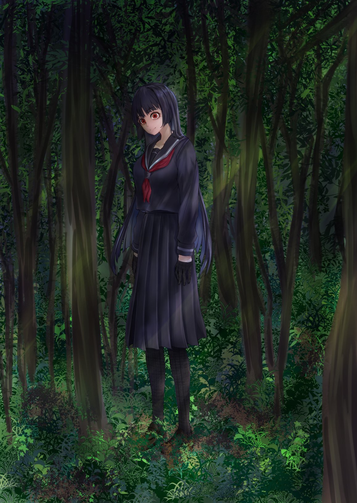 1girl arms_at_sides black_gloves black_hair black_pantyhose black_sailor_collar black_serafuku black_skirt blank_stare blunt_ends breasts brown_footwear closed_mouth commentary_request dappled_sunlight day empty_eyes foliage forest gloves grass highres hime_cut large_breasts loafers long_hair long_skirt looking_at_viewer nature oide_yo_mahou_shoujo_mura outdoors pantyhose pleated_skirt red_eyes sailor_collar sarufutsu_(oide_yo_mahou_shoujo_mura) school_uniform serafuku shoes skirt smile solo standing sunlight tomohiro_(tomohiro_r36aby) wide-eyed wide_shot