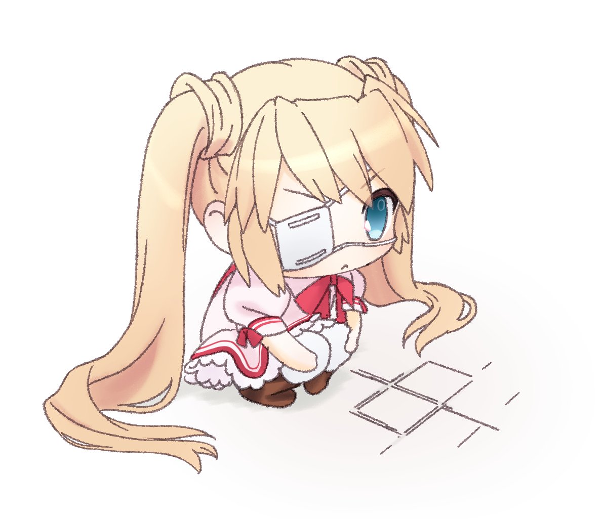 1girl :&lt; blonde_hair blue_eyes brown_footwear chibi closed_mouth commentary_request dress eyepatch frilled_dress frills frown hair_between_eyes kazamatsuri_institute_high_school_uniform long_hair looking_at_viewer nakatsu_shizuru natsuoto_rito one_eye_covered pantyhose pink_dress puffy_short_sleeves puffy_sleeves rewrite school_uniform short_sleeves simple_background solo squatting twintails v-shaped_eyebrows very_long_hair white_background white_pantyhose