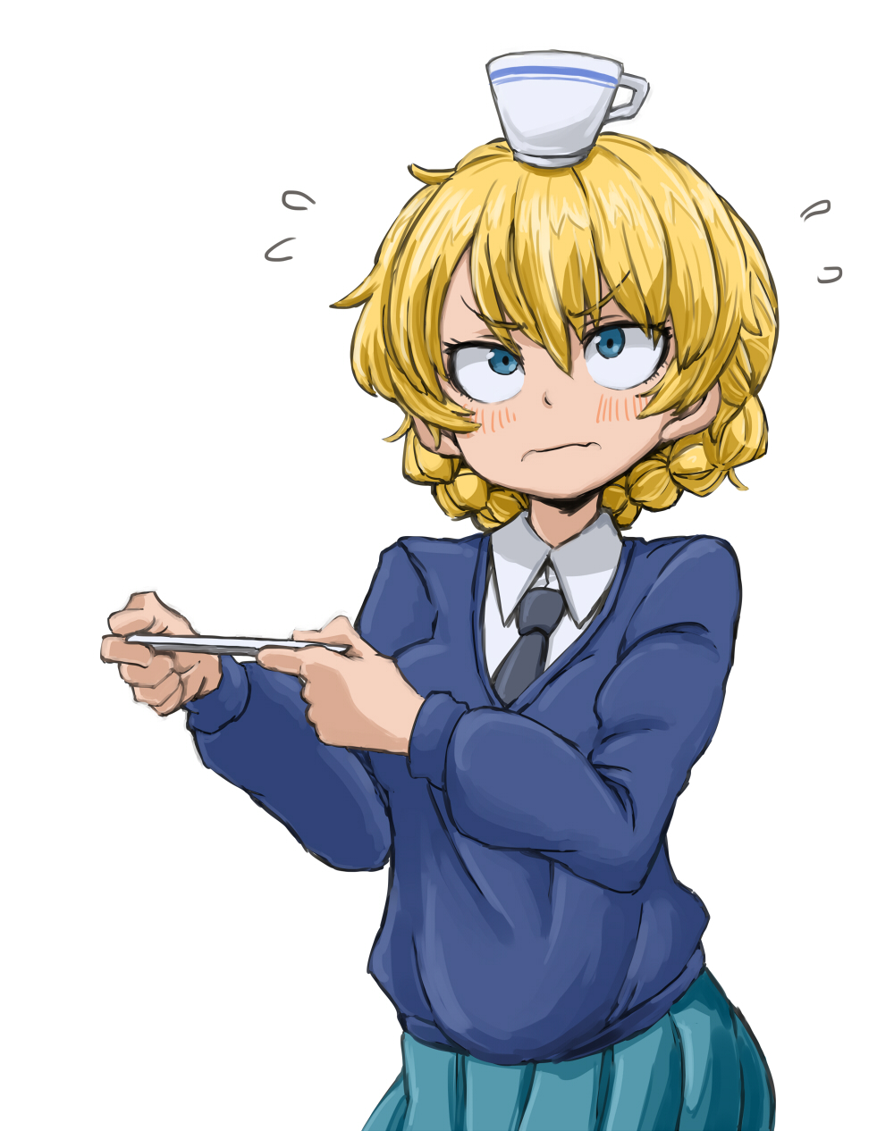 1girl aono3 balancing_on_head black_necktie blonde_hair blue_eyes blue_skirt blue_sweater braid closed_mouth commentary cup darjeeling_(girls_und_panzer) dress_shirt flying_sweatdrops frown girls_und_panzer highres holding holding_saucer long_sleeves looking_up necktie pleated_skirt saucer school_uniform shirt short_hair simple_background skirt solo st._gloriana's_school_uniform standing sweater teacup twin_braids v-neck white_background white_shirt wing_collar