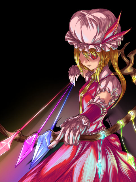 1girl alternate_weapon arrow_(projectile) blonde_hair bow_(weapon) breasts closed_mouth collared_shirt cowboy_shot crystal dark_background dososin flandre_scarlet glowing glowing_wings hair_between_eyes hair_over_one_eye hat hat_ribbon holding holding_bow_(weapon) holding_weapon long_hair mob_cap multicolored_wings necktie puffy_short_sleeves puffy_sleeves red_eyes red_ribbon red_skirt red_vest ribbon shirt short_sleeves skirt small_breasts solo spell_card touhou vest weapon white_headwear white_shirt wings yellow_necktie