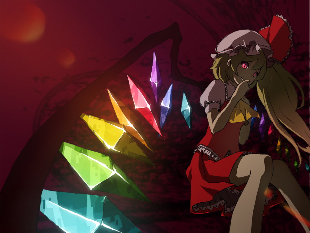 1girl ascot bow breasts collared_shirt crystal feet_out_of_frame flandre_scarlet frilled_shirt_collar frilled_vest frills glowing glowing_eyes hair_between_eyes hat hat_bow long_hair mob_cap multicolored_wings one_side_up petticoat pink_headwear pink_shirt puffy_short_sleeves puffy_sleeves red_background red_bow red_eyes red_skirt red_vest shirt shiwa short_sleeves simple_background skirt skirt_set small_breasts solo touhou vest wings yellow_ascot