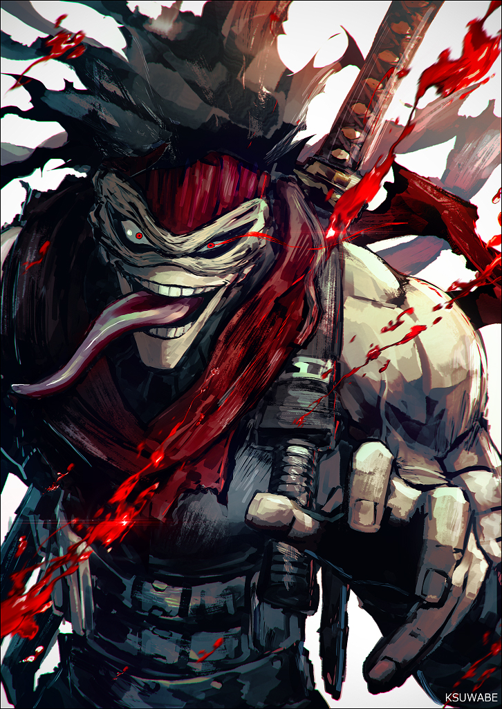 1boy artist_name black_hair black_shirt blood boku_no_hero_academia commentary_request eye_mask eye_trail fingernails foreshortening k-suwabe katana knife knife_sheath light_trail long_tongue looking_at_viewer male_focus open_mouth outstretched_arm reaching reaching_towards_viewer red_eyes red_scarf scarf sheath sheathed shirt short_hair sleeveless sleeveless_shirt smile solo spiky_hair stain_(boku_no_hero_academia) sword teeth tongue tongue_out torn_clothes torn_scarf upper_body weapon weapon_on_back
