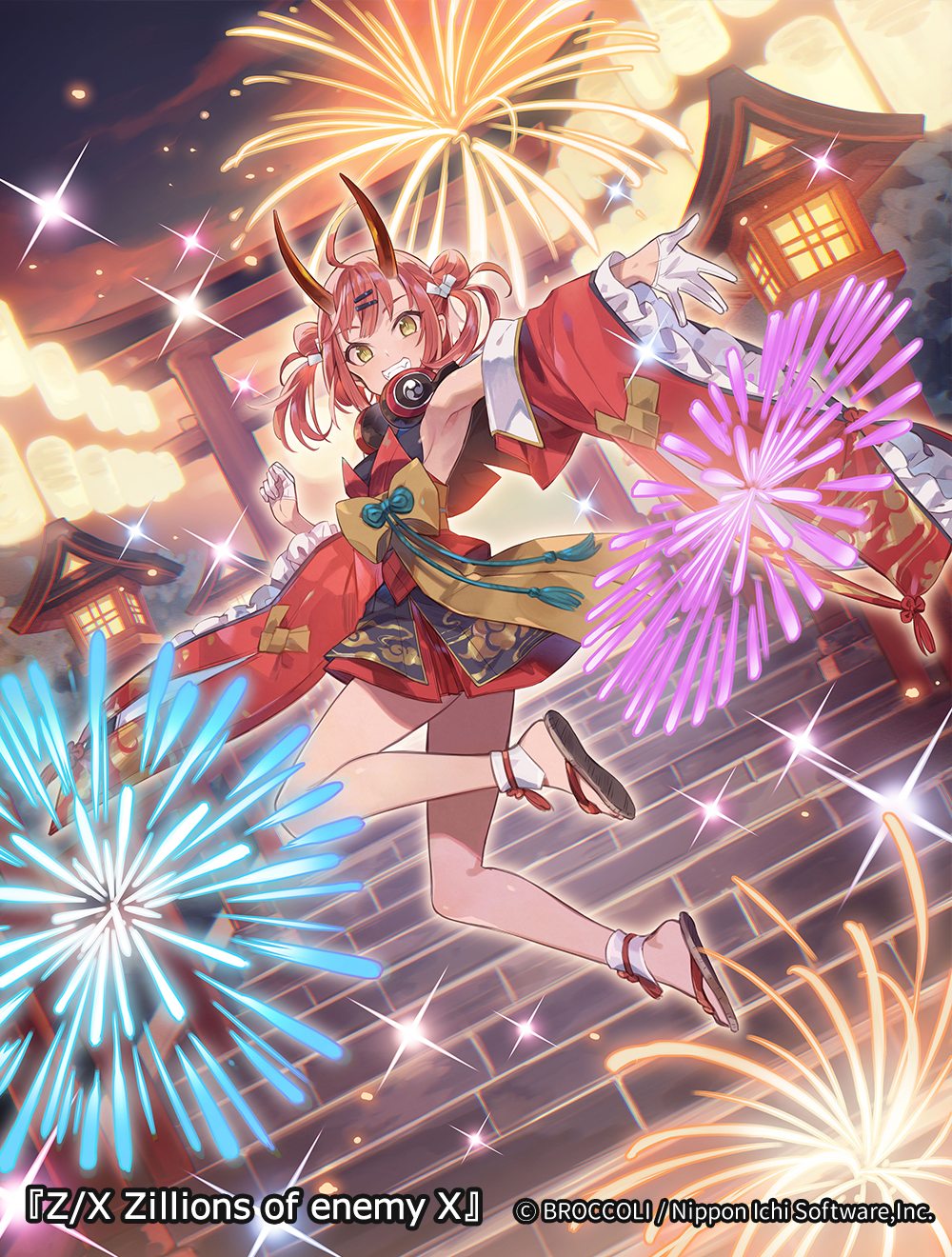 1girl aerial_fireworks armpits black_footwear brown_eyes character_request clouds cloudy_sky commentary_request detached_sleeves double_bun fireworks frilled_sleeves frills full_body gloves grin hair_bun hair_ornament hairclip half_gloves headphones headphones_around_neck highres horns lantern long_sleeves midair mitsudomoe_(shape) official_art outdoors redhead sandals sky smile solo stairs stone_stairs sunset tomoe_(symbol) torii twintails white_gloves wide_sleeves yuko_(uc_yuk) z/x zouri