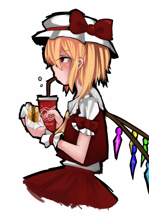 cup disposable_cup drinking flandre_scarlet hat non-web_source opagi touhou wings