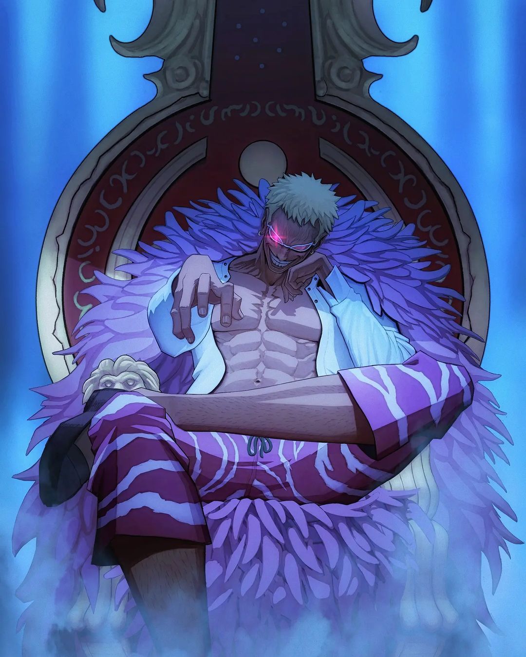 1boy abs blonde_hair blue_background capri_pants coat crossed_legs donquixote_doflamingo earrings feather_coat grin head_rest highres jewelry looking_at_viewer male_focus manip muscular muscular_male navel one_piece open_clothes pants pectorals pink_coat shirt short_hair sitting smile smoke sunglasses teeth third-party_source throne white_shirt