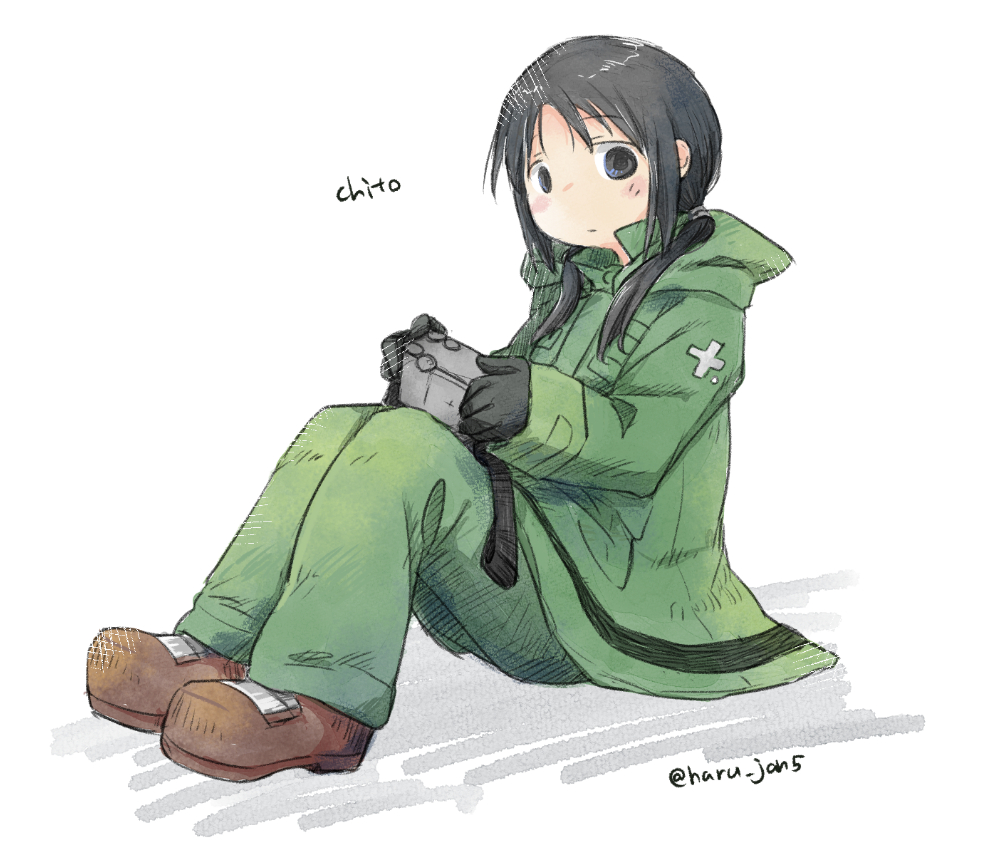 1girl artist_name black_eyes black_gloves black_hair blush brown_footwear camera character_name chito_(shoujo_shuumatsu_ryokou) coat cross expressionless gloves green_coat green_pants haru_kano holding holding_camera looking_at_viewer low_twintails military military_uniform pants parted_bangs shoujo_shuumatsu_ryokou sidelocks simple_background sitting twintails twitter_username uniform white_background