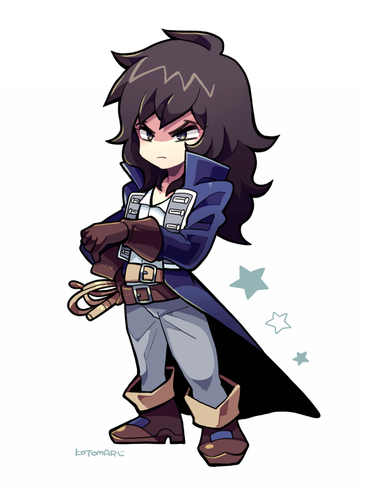 1boy belt black_eyes blue_coat boots brown_belt brown_footwear brown_gloves brown_hair castlevania_(series) closed_mouth coat full_body gloves grey_pants hand_on_own_hip kotorai long_hair long_sleeves multiple_belts no_nose pants richter_belmont signature solo star_(symbol) v-shaped_eyebrows whip white_background