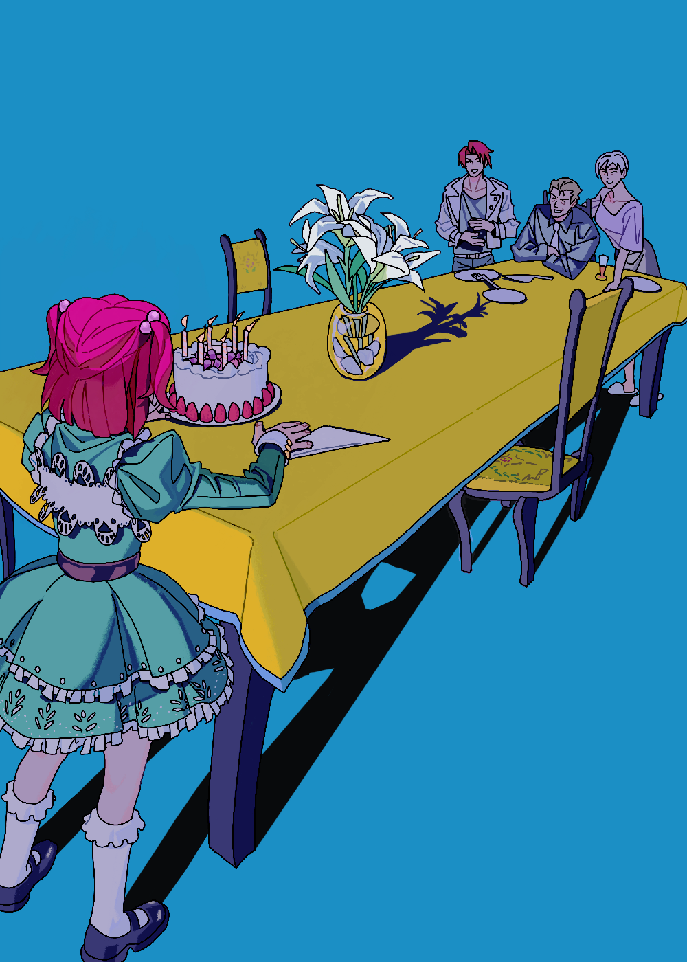 2boys 2girls becomeafish birthday birthday_cake blue_background brown_hair cake chair child closed_eyes crossed_arms dress family flower food fork frills hair_bobbles hair_ornament highres kneehighs knife lily_(flower) long_sleeves mary_janes multiple_boys multiple_girls plate puffy_long_sleeves puffy_sleeves redhead shadow shoes short_hair short_sleeves simple_background slippers smile socks standing table two_side_up umineko_no_naku_koro_ni ushiromiya_ange ushiromiya_battler ushiromiya_kyrie ushiromiya_rudolf vase white_flower white_lily