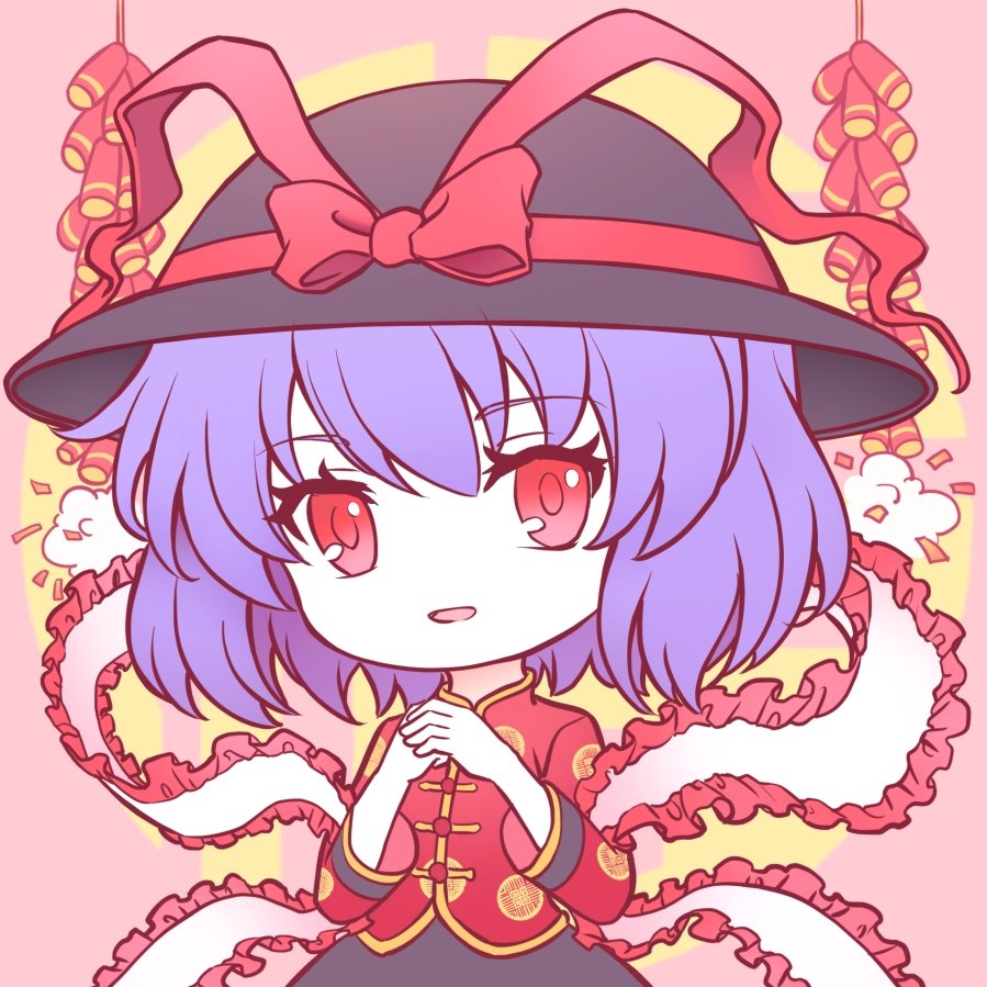 1girl alternate_costume black_headwear black_skirt bow chinese_clothes commentary_request frilled_shawl frills hat hat_bow looking_at_viewer nagae_iku open_mouth own_hands_together pink_background purple_hair red_bow red_eyes shawl short_hair simple_background skirt solo touhou youzikk