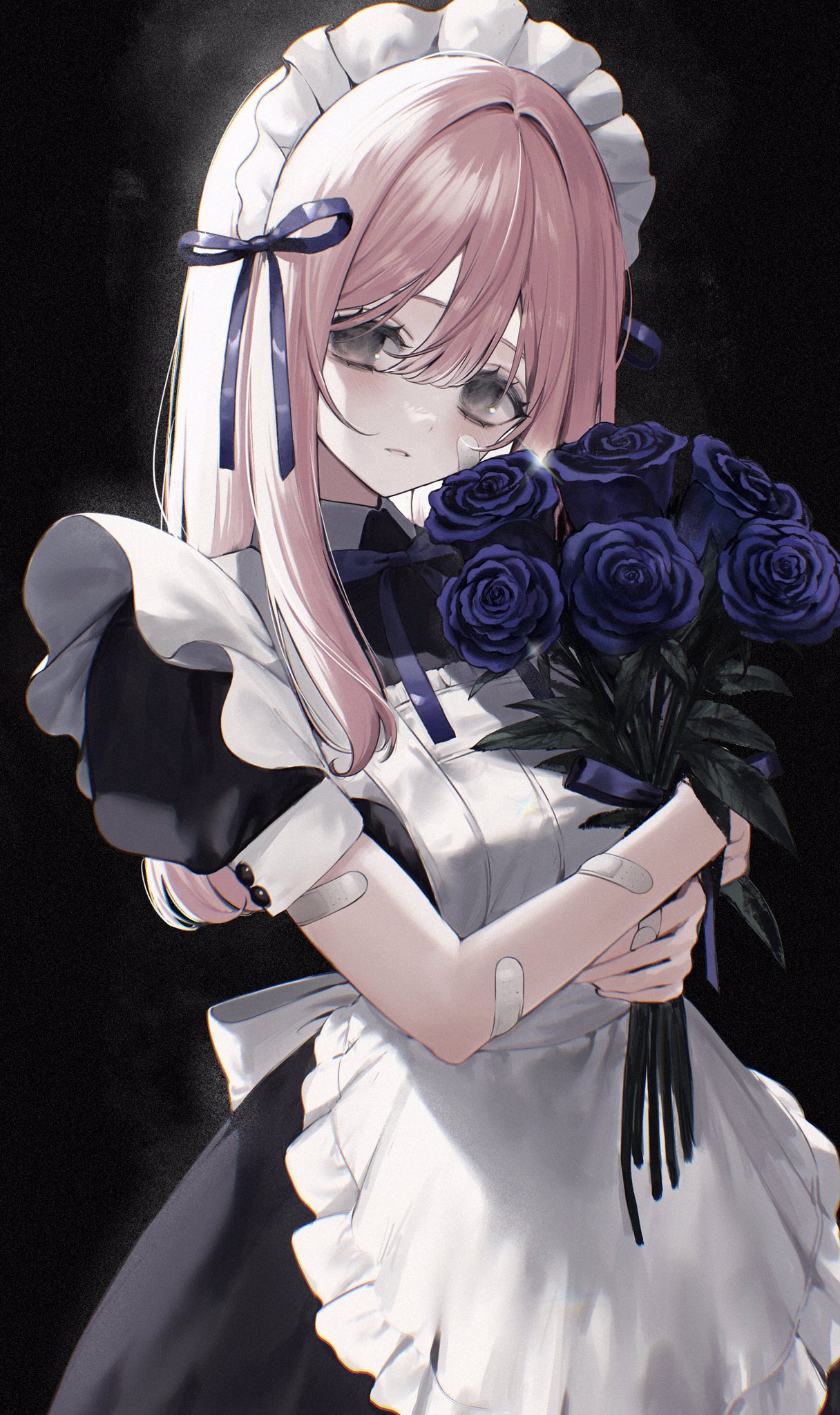 1girl apron bandaid bandaid_on_arm bandaid_on_cheek bandaid_on_face black_background black_dress bocchi_the_rock! bouquet chromatic_aberration collared_dress commentary_request cowboy_shot dress expressionless flower frilled_apron frilled_dress frills gotoh_hitori grey_eyes hair_between_eyes hair_intakes hair_ribbon head_tilt highres holding holding_bouquet light_blush long_hair looking_at_viewer maid maid_apron maid_headdress neck_ribbon no_pupils parted_lips pink_hair puffy_short_sleeves puffy_sleeves purple_flower purple_ribbon purple_rose ribbon rose short_sleeves solo standing white_apron youichi_(45_01)