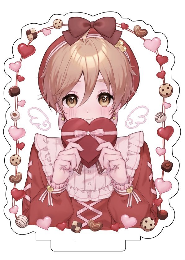 1boy blonde_hair blush box candy chocolate closed_mouth cookie drawn_wings earrings ensemble_stars! food gift gift_box grey_background heart heart-shaped_chocolate holding holding_gift jewelry long_sleeves looking_at_viewer male_focus mashiro_tomoya moka_(210727) red_shirt shirt simple_background solo yellow_eyes