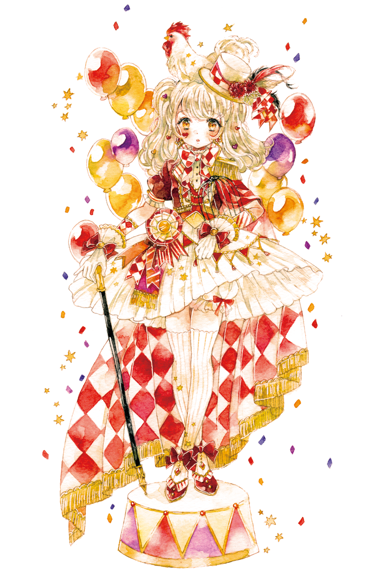 1girl animal_on_head balloon bird bow bowtie cane cape checkered_bow checkered_bowtie checkered_cape checkered_clothes chicken confetti dress eko_(ecology) epaulettes frilled_gloves frilled_skirt frills full_body gloves hat heart heart_on_cheek holding holding_cane long_hair mini_hat mini_top_hat on_head original painting_(medium) parted_lips platform puffy_short_sleeves puffy_sleeves red_bow red_cape red_dress short_sleeves single_epaulette skirt solo standing star_(symbol) top_hat traditional_media two-tone_cape watercolor_(medium) white_background white_cape white_gloves white_skirt wrist_bow