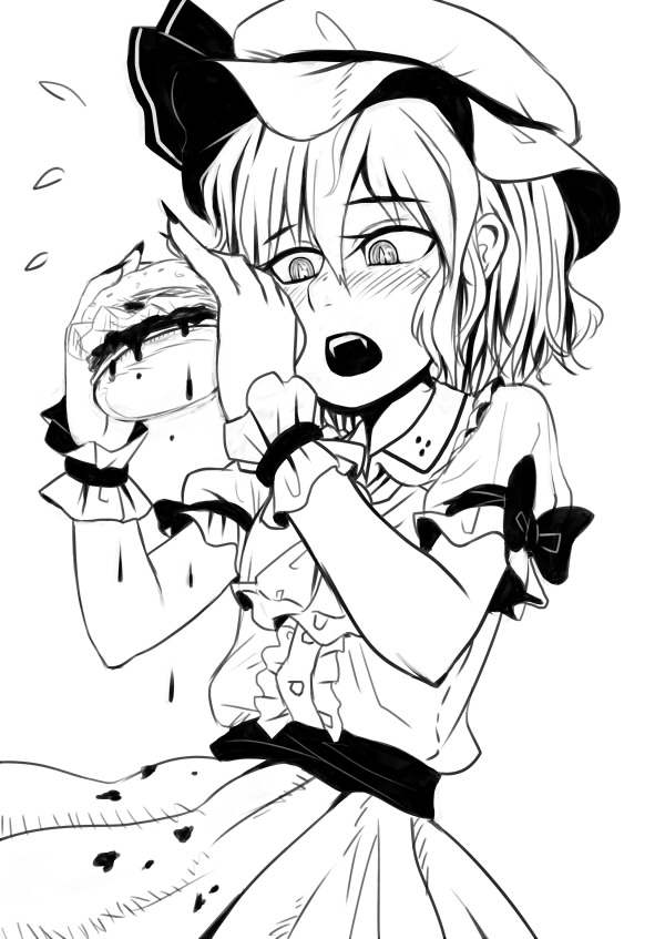 1girl bow burger collared_shirt fangs fingernails food hat hat_ribbon holding holding_food mob_cap monochrome opagi puffy_short_sleeves puffy_sleeves remilia_scarlet ribbon sharp_fingernails shirt short_sleeves skirt solo touhou wrist_cuffs