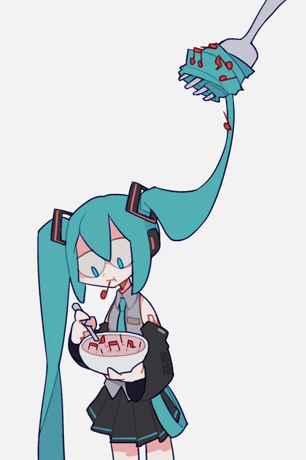 1girl :t aqua_eyes aqua_hair aqua_necktie bare_shoulders beamed_eighth_notes black_skirt black_sleeves bmp-to-png_conversion bowl chinese_commentary closed_mouth collared_shirt commentary_request detached_sleeves eating expressionless fork grey_shirt hair_as_food hatsune_miku highres holding holding_bowl long_hair miniskirt musical_note necktie oversized_object pleated_skirt quarter_note recursion shirt shoulder_tattoo skirt sleeveless sleeveless_shirt solo tattoo twintails very_long_hair vocaloid white_background zhepsikn
