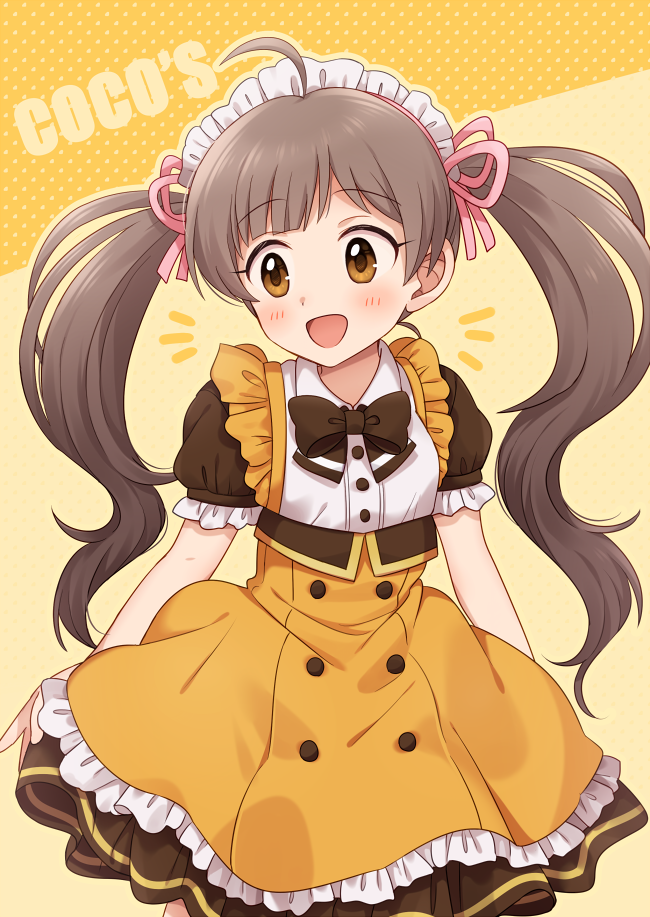 1girl ahoge apron blush bow bowtie breasts brown_bow brown_bowtie brown_eyes brown_hair brown_skirt coco's frilled_apron frills hair_bow hair_ribbon hakozaki_serika halftone hiiringu idolmaster idolmaster_million_live! idolmaster_million_live!_theater_days long_hair looking_at_another open_mouth pink_ribbon ribbon short_sleeves simple_background skirt small_breasts smile solo twintails two-tone_shirt very_long_hair white_headdress yellow_apron yellow_background