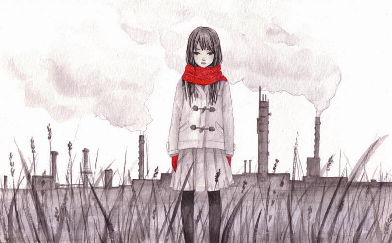 1girl black_eyes black_hair black_pantyhose chimney coat expressionless factory gloves grass long_hair long_sleeves looking_at_viewer original outdoors painting_(medium) pantyhose pleated_skirt red_gloves red_scarf scarf skirt sky smoke solo standing straight-on traditional_media watercolor_(medium) wheat white_background white_coat white_skirt white_sky yana_kotta