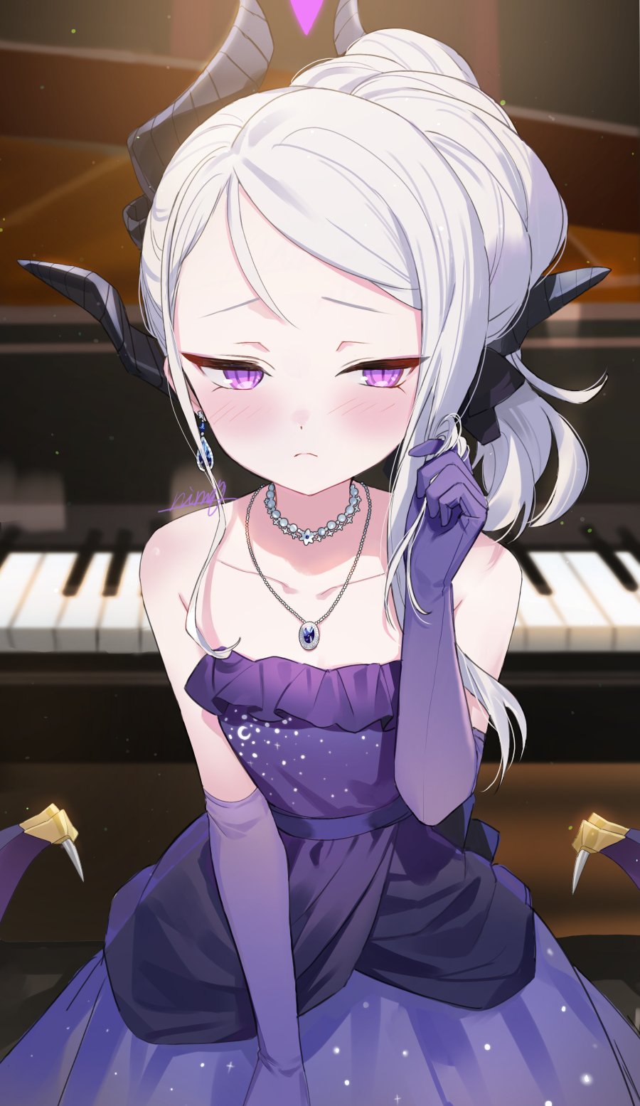 1girl bead_necklace beads black_horns blue_archive blurry blush closed_mouth commentary cowboy_shot dangle_earrings demon_girl demon_horns demon_wings depth_of_field dress earrings elbow_gloves evening_gown gloves grand_piano grey_hair hair_twirling highres hina_(blue_archive) hina_(dress)_(blue_archive) horns instrument jewelry long_hair looking_at_viewer low_wings multiple_horns necklace nima_(niru54) official_alternate_costume official_alternate_hairstyle pendant piano purple_dress purple_gloves purple_wings solo strapless strapless_dress violet_eyes wings