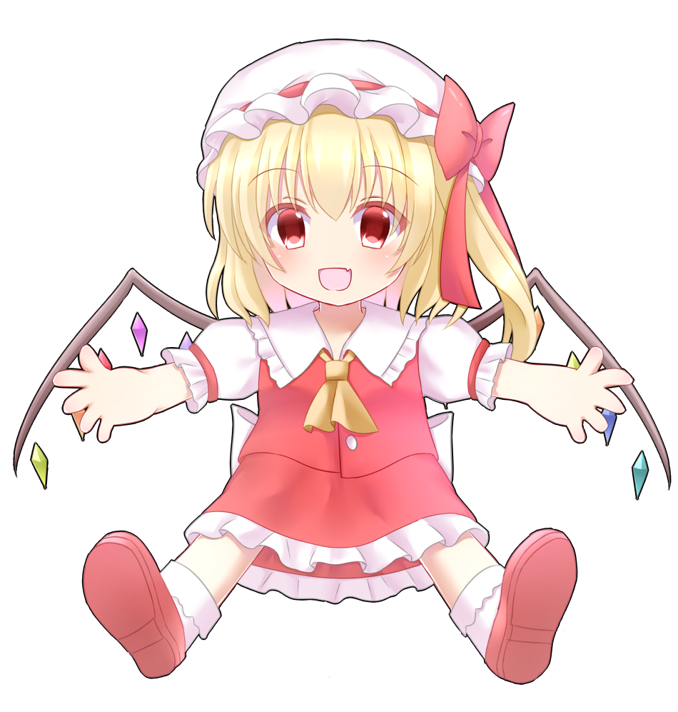 1girl back_bow blonde_hair bow brown_footwear chibi collared_shirt fang flandre_scarlet frilled_shirt_collar frilled_skirt frilled_sleeves frills full_body hair_between_eyes happy hat hat_bow hat_ribbon large_bow looking_at_viewer medium_hair mob_cap multicolored_wings one_side_up open_mouth puffy_short_sleeves puffy_sleeves red_bow red_eyes red_ribbon ribbon ribbon-trimmed_headwear ribbon_trim shirt shoe_soles short_sleeves simple_background skin_fang skirt sleeve_ribbon socks solo touhou white_background white_bow white_shirt white_socks wings yukina_kurosaki