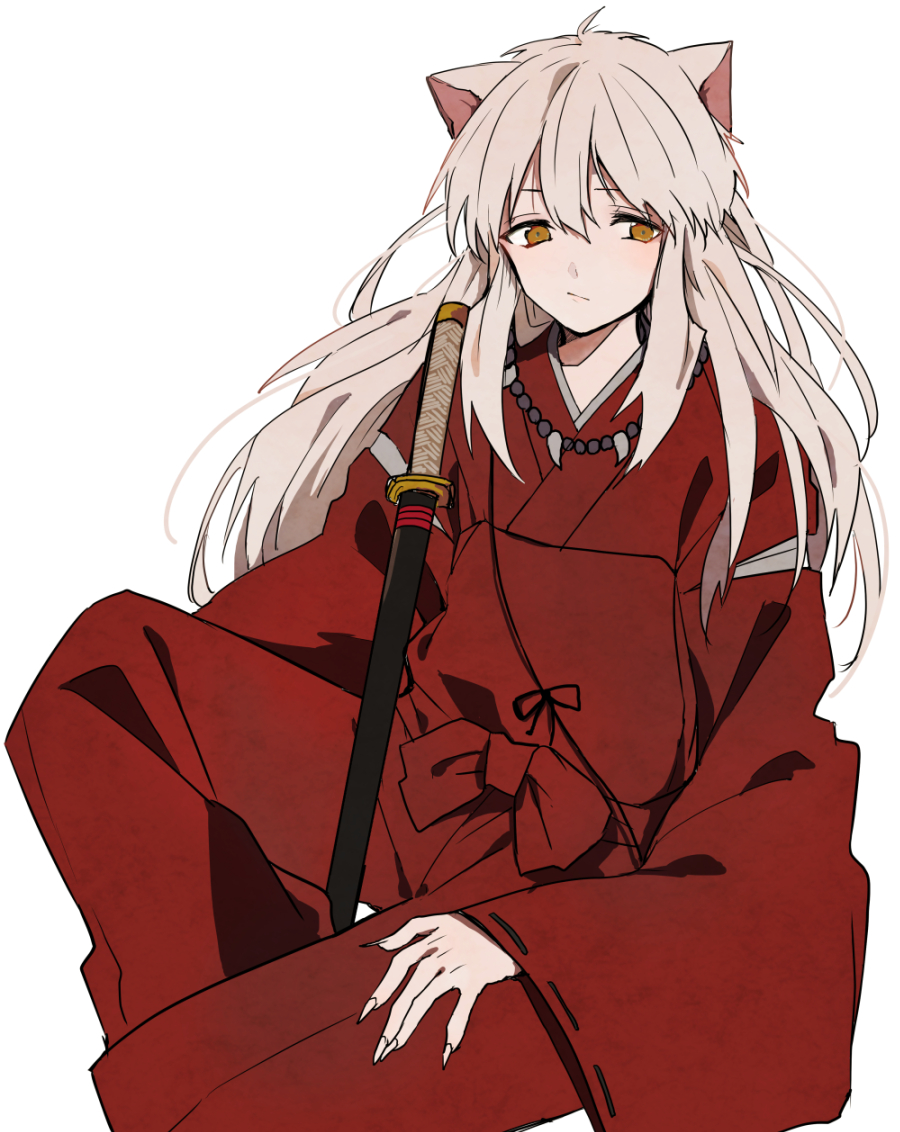 1boy :/ animal_ears bead_necklace beads bow brown_eyes closed_mouth dog_boy dog_ears fingernails hand_on_own_leg inuyasha inuyasha_(character) invisible_chair japanese_clothes jewelry katana kimono long_fingernails long_hair long_sleeves looking_at_viewer male_focus necklace pants red_bow red_kimono red_pants sheath sheathed sidelocks simple_background sitting sleeves_past_wrists sword weapon white_background white_hair wide_sleeves yukimori_nene
