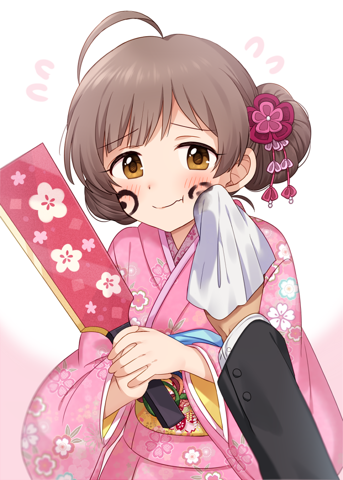 1girl 1other ahoge alternate_hairstyle blurry blush breasts brown_eyes brown_hair closed_mouth depth_of_field dot_nose facepaint floral_print flower flying_sweatdrops hagoita hair_bun hair_flower hair_ornament hakozaki_serika hands_up hiiringu holding holding_handkerchief idolmaster idolmaster_million_live! idolmaster_million_live!_theater_days japanese_clothes kimono long_hair long_sleeves looking_at_viewer obi obiage obijime paddle pink_flower pink_kimono plum_blossoms print_kimono sash single_side_bun small_breasts two-tone_background very_long_hair wide_sleeves wiping_face