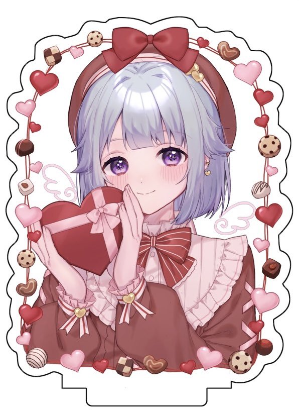 1boy androgynous blue_hair blush box brown_shirt candy chocolate closed_mouth cookie drawn_wings earrings ensemble_stars! food gift gift_box grey_background heart heart-shaped_chocolate holding holding_gift jewelry long_sleeves looking_at_viewer male_focus moka_(210727) shino_hajime shirt short_hair simple_background solo violet_eyes