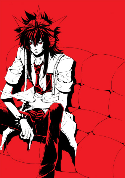 1boy aoki_keito beatmania_iidx bracelet buttons closed_mouth collared_shirt commentary_request couch feet_out_of_frame hair_between_eyes headphones jewelry long_bangs long_hair looking_afar looking_to_the_side male_focus monochrome necktie pants red_theme shem shirt short_sleeves sidelocks simple_background sitting smile solo spiked_bracelet spikes spiky_hair tape_measure