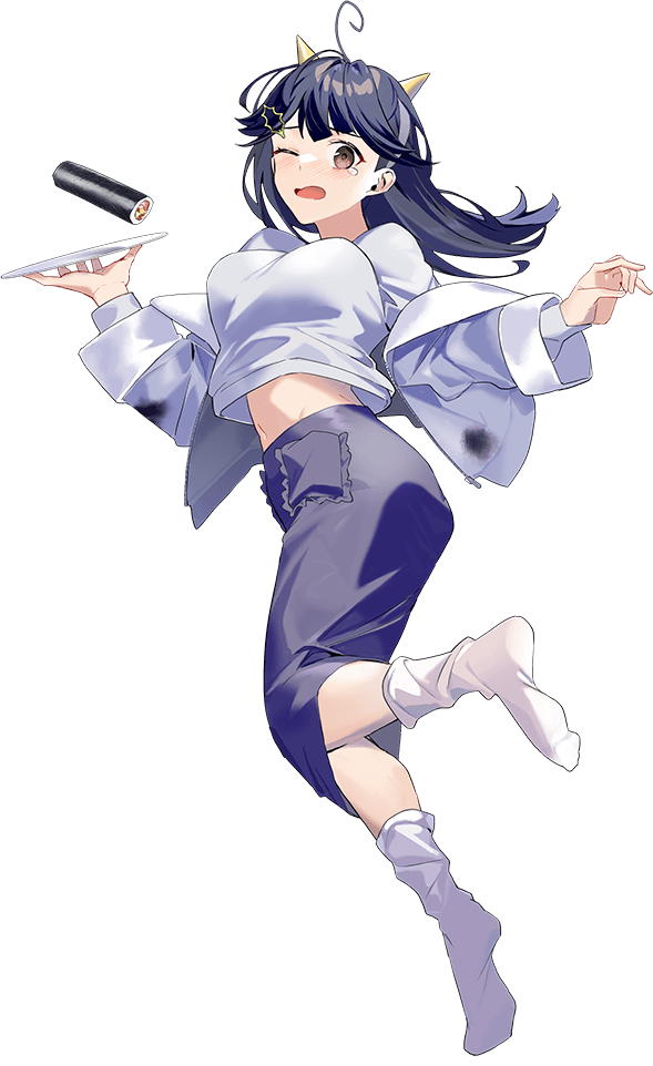 1girl ahoge ass black_hair breasts brown_eyes depth_charge drew_(drew213g) full_body hairband jacket kantai_collection large_breasts long_hair mamemaki navel official_art one_eye_closed setsubun solo stomach transparent_background ushio_(kancolle)