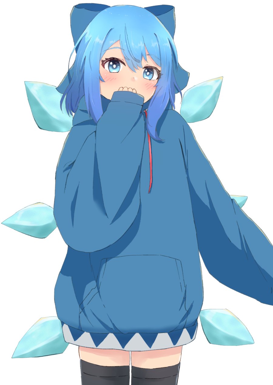 1girl adapted_costume black_thighhighs blue_bow blue_eyes blue_hair blue_hoodie blush bow bright_pupils cirno commentary_request covering_own_mouth cowboy_shot dot_nose double-parted_bangs drawstring hair_between_eyes hair_bow hand_up highres hood hoodie ice ice_wings long_sleeves looking_at_viewer medium_hair mizune_(winter) puffy_long_sleeves puffy_sleeves simple_background sleeves_past_wrists solo thigh-highs touhou white_background white_pupils wings