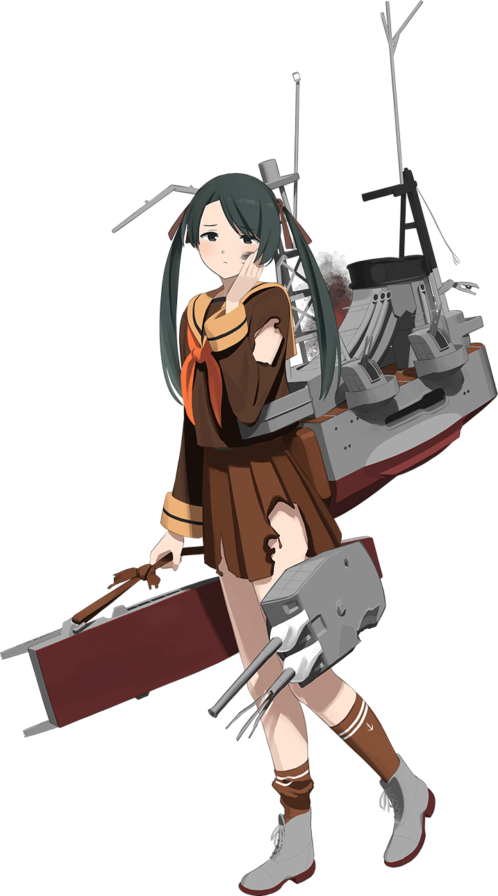 1girl black_hair brown_neckerchief brown_sailor_collar brown_serafuku brown_skirt burnt_clothes damaged dirt_on_face full_body hair_ribbon hand_on_own_face highres kantai_collection long_hair long_sleeves looking_at_viewer machinery mikuma_(kancolle) mikuma_kai_ni_(kancolle) neckerchief official_art open_mouth pleated_skirt ribbon sailor_collar school_uniform serafuku shibafu_(glock23) skirt smile solo third-party_source transparent_background turret twintails