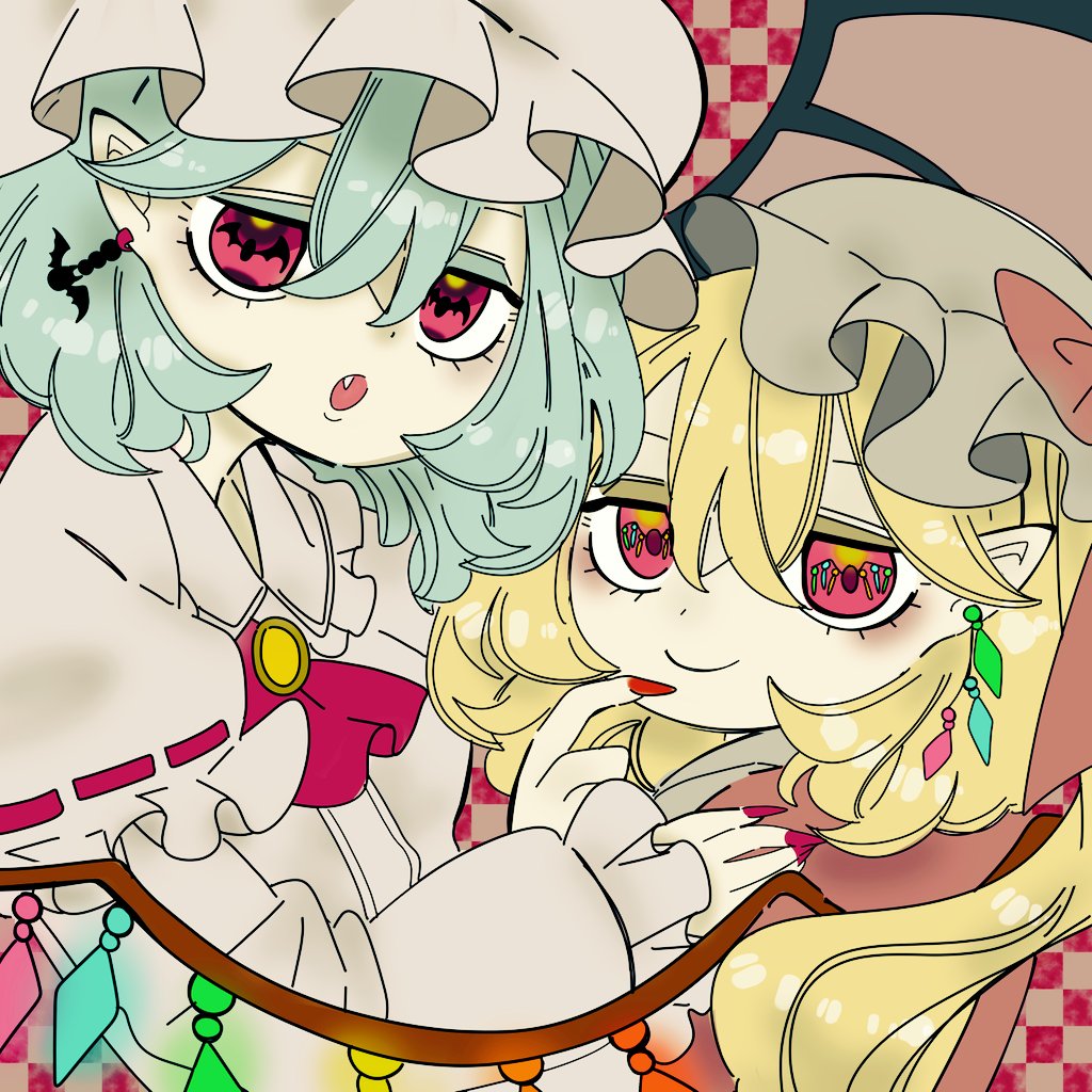 2girls adapted_costume ascot bat_wings blonde_hair brooch closed_mouth earrings fang fingernails flandre_scarlet frilled_sleeves frills glowing glowing_wings hair_between_eyes hat jewelry layered_sleeves light_smile limited_palette long_sleeves looking_at_viewer mob_cap multicolored_wings multiple_girls nail_polish open_mouth pointy_ears red_ascot red_eyes red_nails remilia_scarlet sharp_fingernails shirt shishamo_(memehituji02) short_over_long_sleeves short_sleeves siblings sisters symbol-shaped_pupils touhou upper_body white_headwear white_shirt wings yellow_brooch