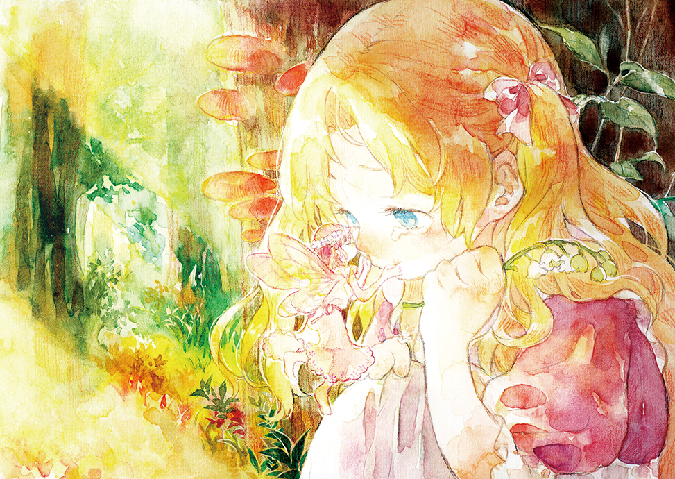 2girls blonde_hair blue_eyes closed_eyes closed_mouth day dress fairy fairy_wings flower forest frilled_dress frills hand_up holding holding_flower kiss kissing_nose leaf lily_of_the_valley long_hair looking_at_another moekon multiple_girls mushroom nature original painting_(medium) pink_dress profile puffy_short_sleeves puffy_sleeves short_hair short_sleeves tearing_up traditional_media tree vegetation watercolor_(medium) wings yuri